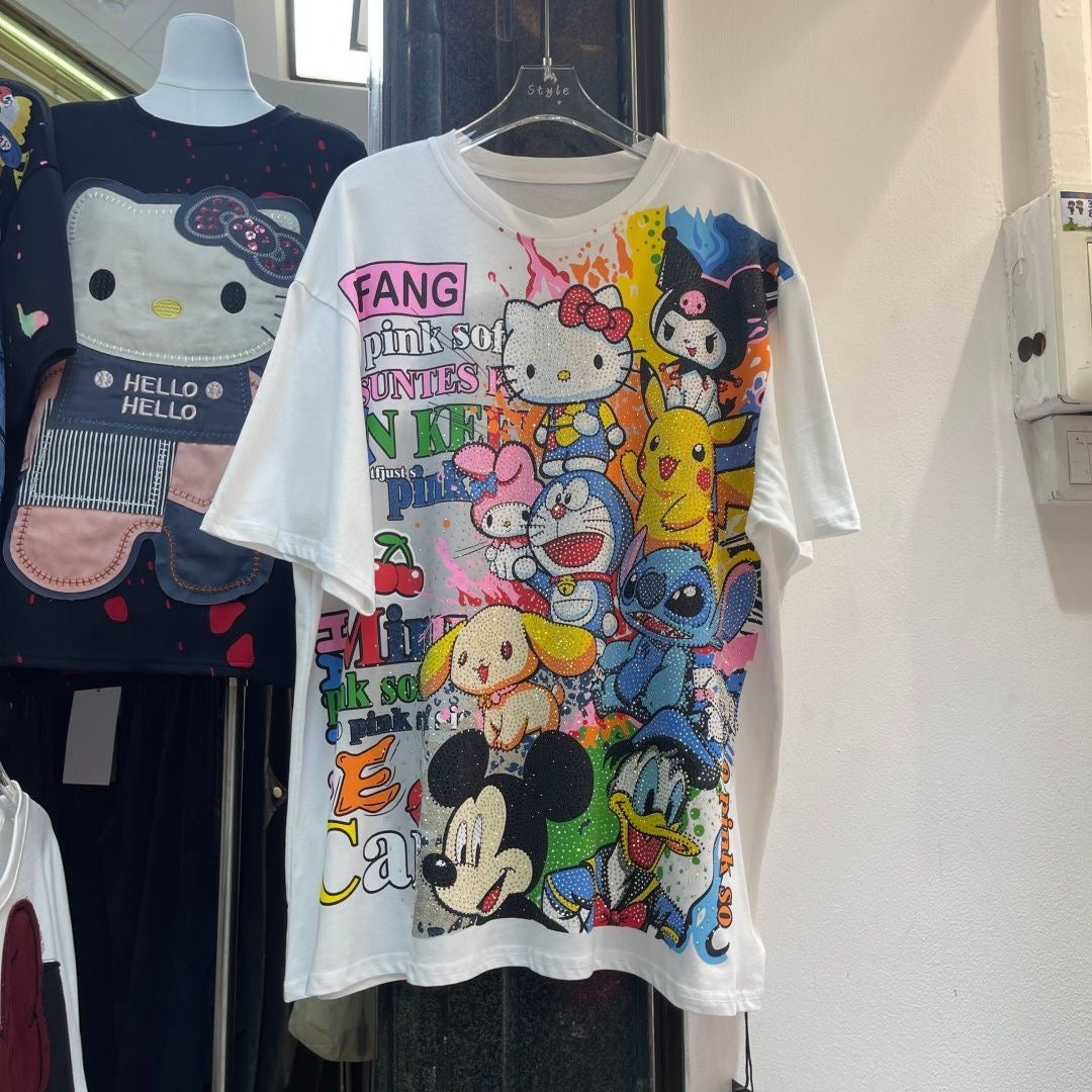 A199 - Ultimate Cartoon Mashup Rhinestone Tee - 320g Ultra-Heavyweight Cotton