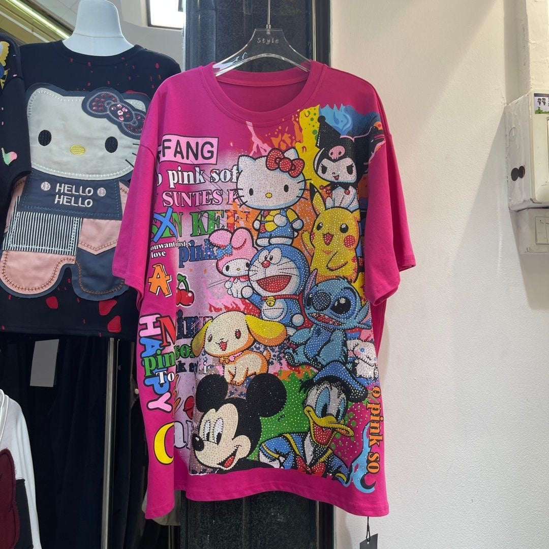 A199 - Ultimate Cartoon Mashup Rhinestone Tee - 320g Ultra-Heavyweight Cotton