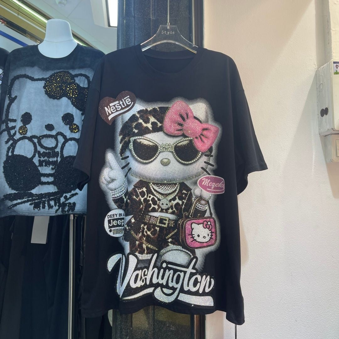 A206 - Heavyweight Oversized 320g Cotton T-Shirt - Luxury Hello Kitty Oversized Rhinestone Graphic Tee