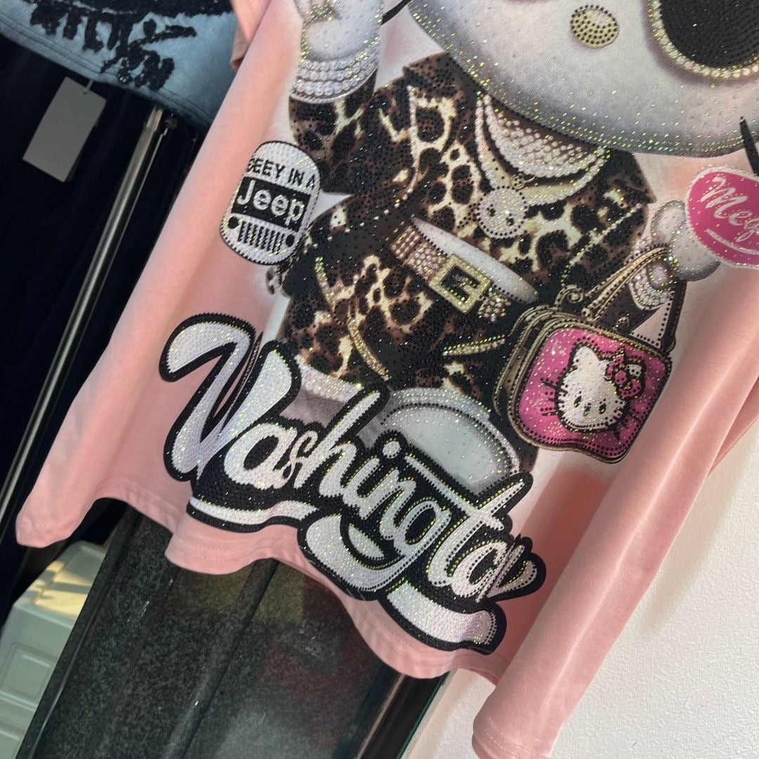 A206 - Heavyweight Oversized 320g Cotton T-Shirt - Luxury Hello Kitty Oversized Rhinestone Graphic Tee
