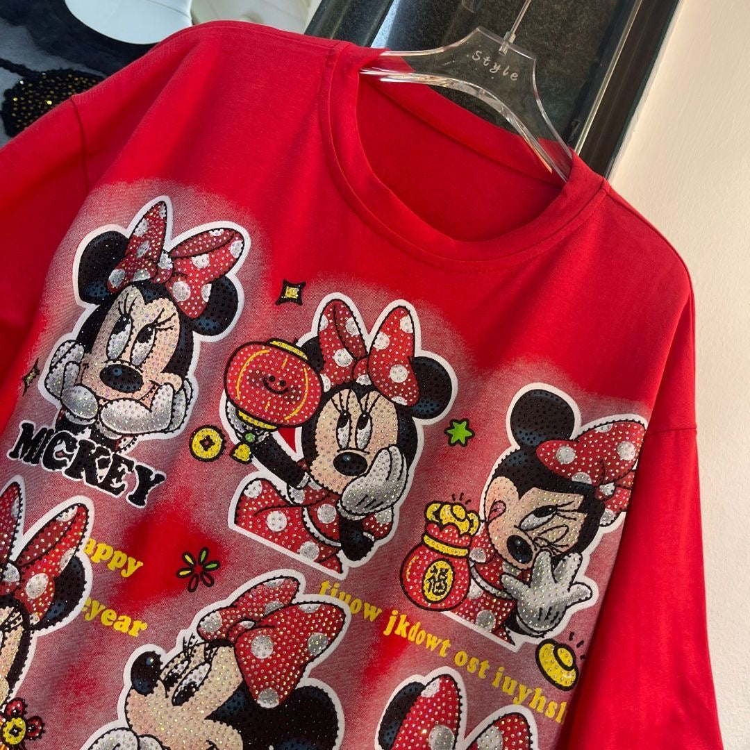 A209 -9 Panel Minnie "Bling" Double-Sided Tee - 320g Ultra-Heavyweight Cotton - Premium Rhinestone Character Streetwear