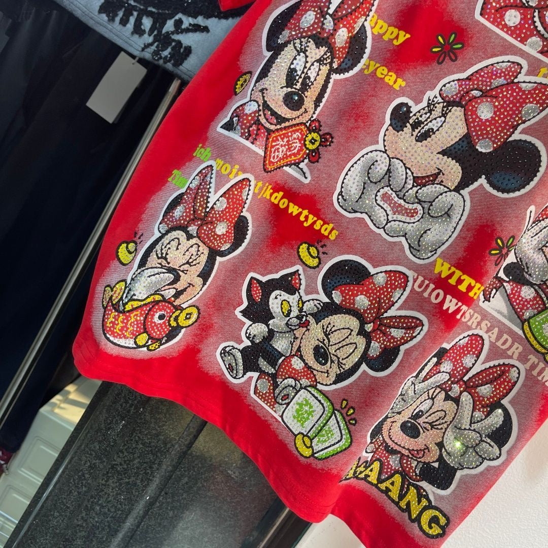 A209 -9 Panel Minnie "Bling" Double-Sided Tee - 320g Ultra-Heavyweight Cotton - Premium Rhinestone Character Streetwear