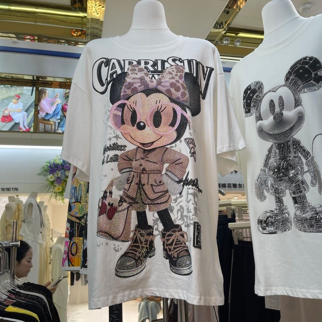 A211 - Minnie Mouse Y2K Sparkle Oversized Tee - 320g Heavyweight Cotton - Luxury Rhinestone Double-Sided Streetwear Shirt