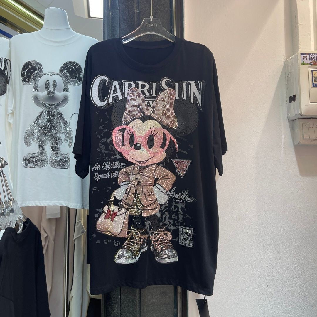 A211 - Minnie Mouse Y2K Sparkle Oversized Tee - 320g Heavyweight Cotton - Luxury Rhinestone Double-Sided Streetwear Shirt