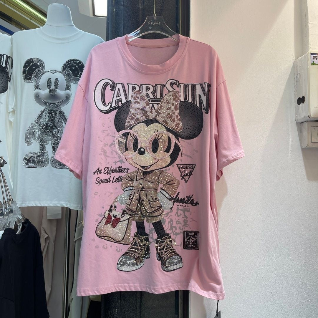 A211 - Minnie Mouse Y2K Sparkle Oversized Tee - 320g Heavyweight Cotton - Luxury Rhinestone Double-Sided Streetwear Shirt