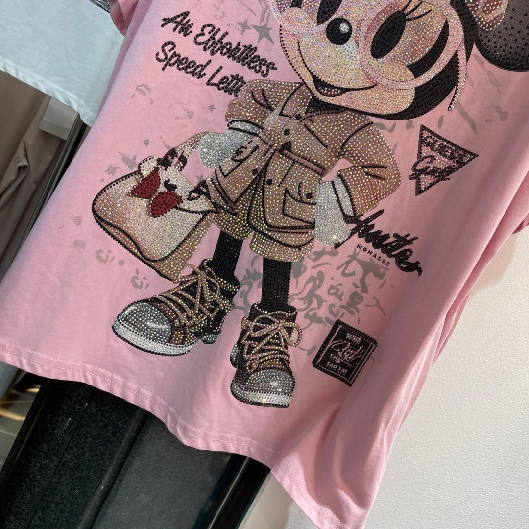A211 - Minnie Mouse Y2K Sparkle Oversized Tee - 320g Heavyweight Cotton - Luxury Rhinestone Double-Sided Streetwear Shirt