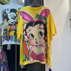 A212 - Betty Boop Bunny Sparkle Oversized Tee - 320g Heavyweight Premium Cotton - Rhinestone Double-Sided Streetwear Shirt