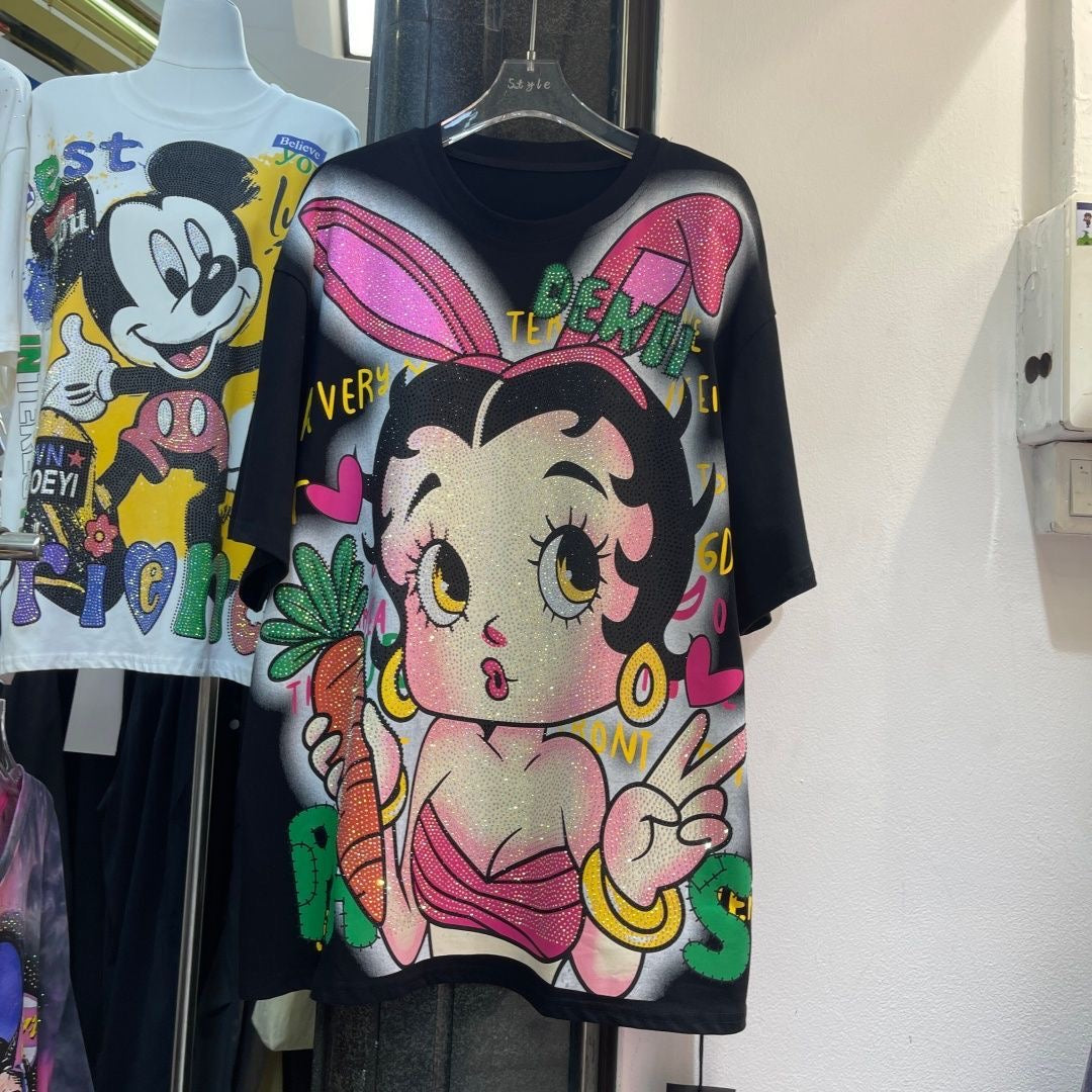 A212 - Betty Boop Bunny Sparkle Oversized Tee - 320g Heavyweight Premium Cotton - Rhinestone Double-Sided Streetwear Shirt