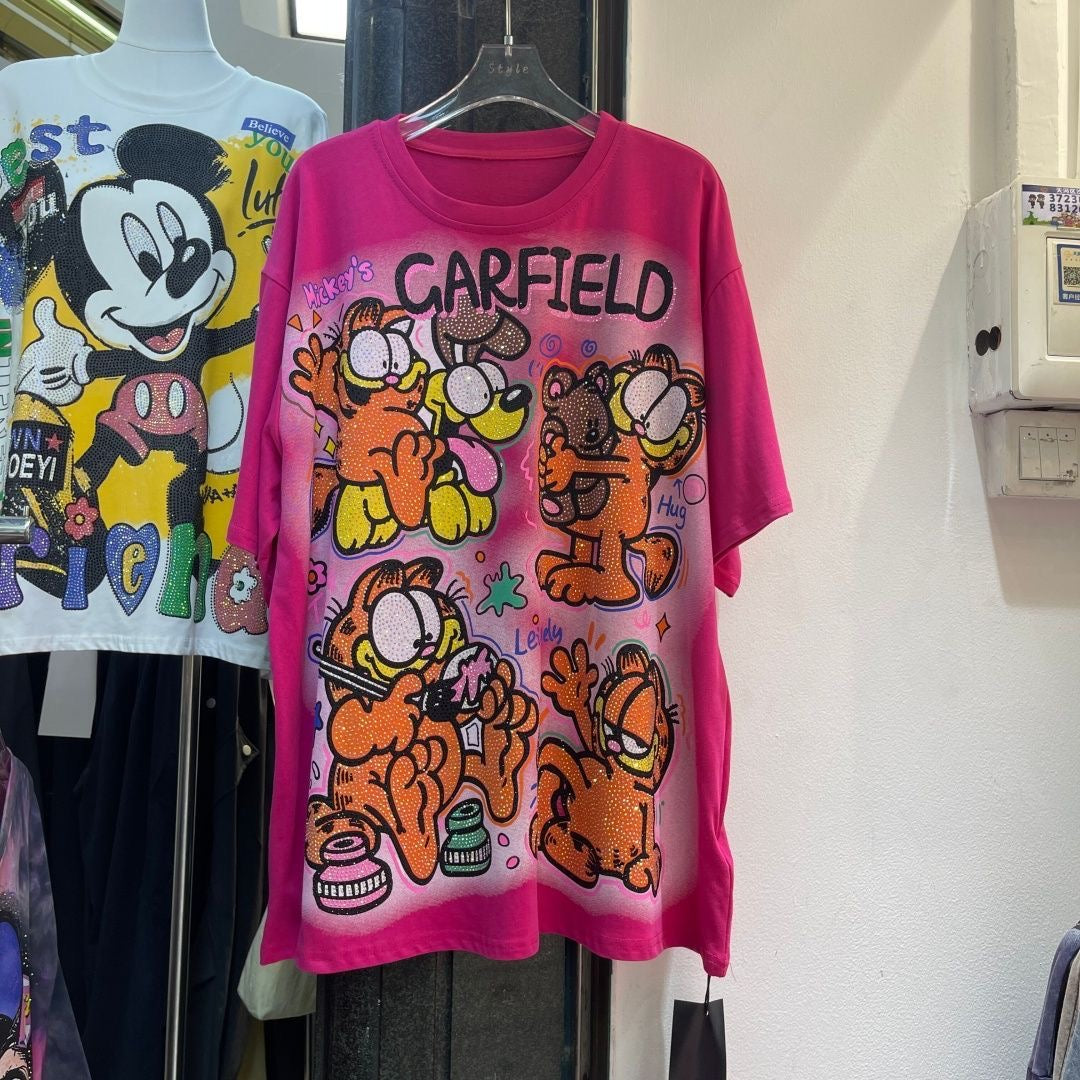 A213 - Garfield Retro Sparkle Oversized Tee - 320g Heavyweight Premium Cotton - Rhinestone Double-Sided Streetwear Shirt