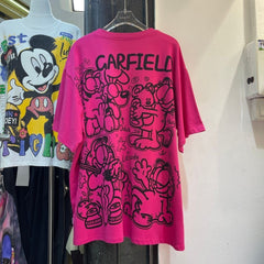 A213 - Garfield Retro Sparkle Oversized Tee - 320g Heavyweight Premium Cotton - Rhinestone Double-Sided Streetwear Shirt