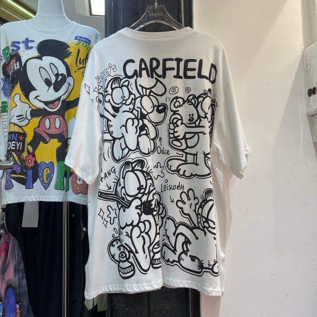 A213 - Garfield Retro Sparkle Oversized Tee - 320g Heavyweight Premium Cotton - Rhinestone Double-Sided Streetwear Shirt