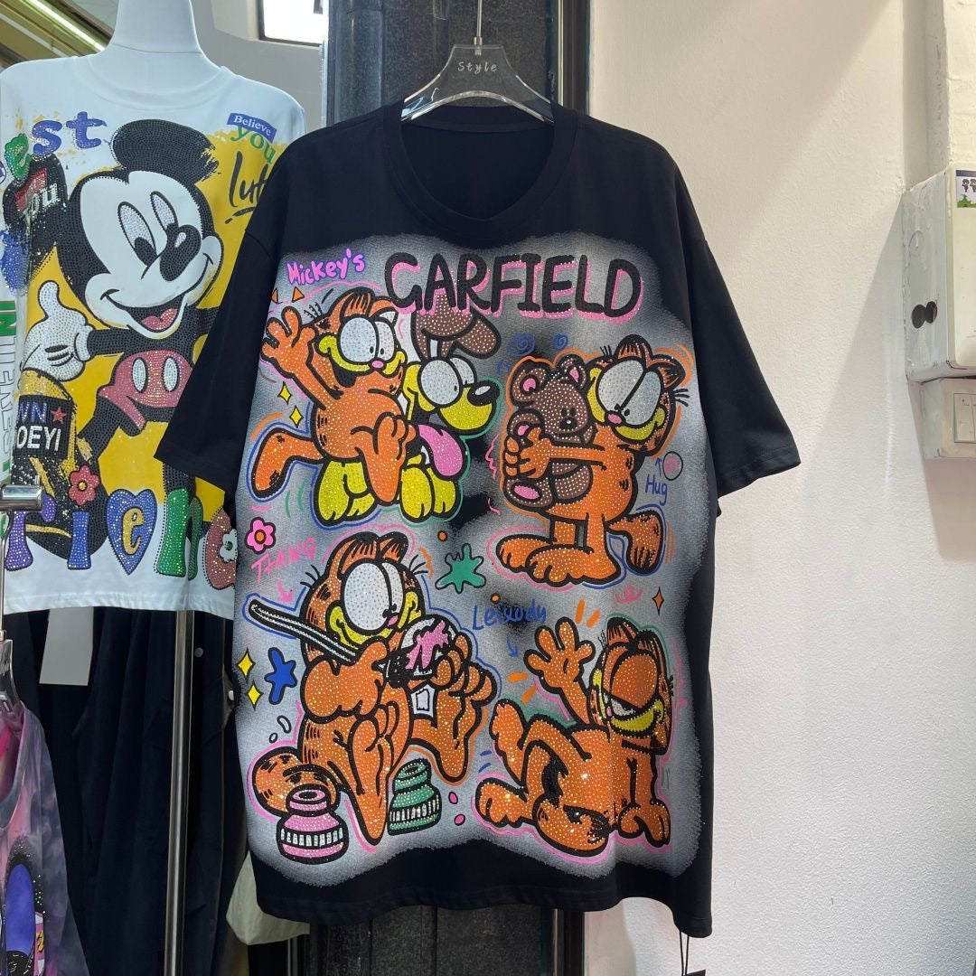 A213 - Garfield Retro Sparkle Oversized Tee - 320g Heavyweight Premium Cotton - Rhinestone Double-Sided Streetwear Shirt