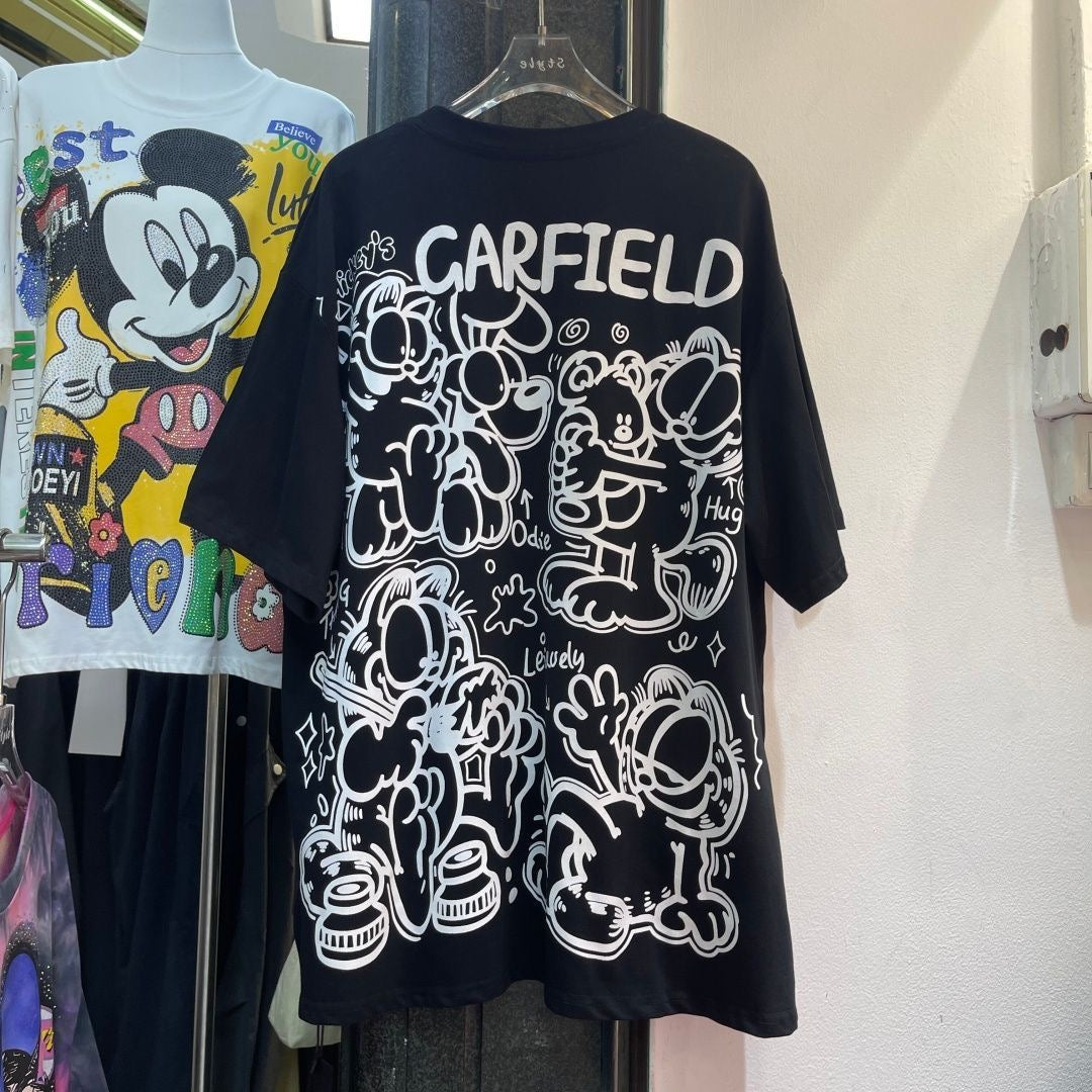 A213 - Garfield Retro Sparkle Oversized Tee - 320g Heavyweight Premium Cotton - Rhinestone Double-Sided Streetwear Shirt
