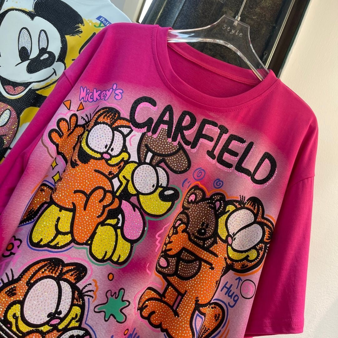 A213 - Garfield Retro Sparkle Oversized Tee - 320g Heavyweight Premium Cotton - Rhinestone Double-Sided Streetwear Shirt
