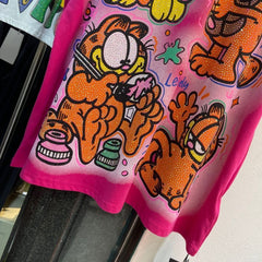 A213 - Garfield Retro Sparkle Oversized Tee - 320g Heavyweight Premium Cotton - Rhinestone Double-Sided Streetwear Shirt