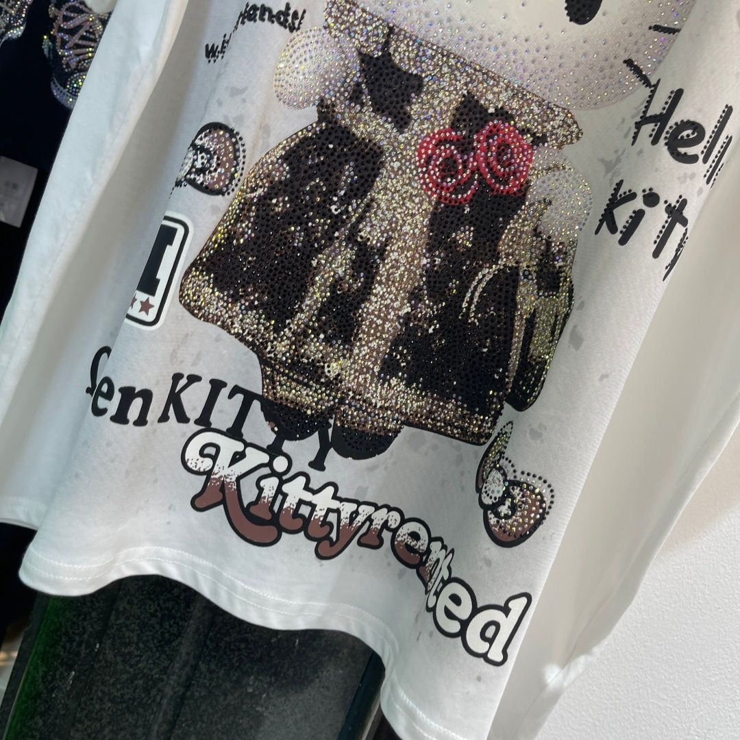 A214 - Hello Kitty Y2K Sparkle Oversized Tee - 320g Heavyweight Premium Cotton - Luxury Rhinestone Bling Streetwear Shirt