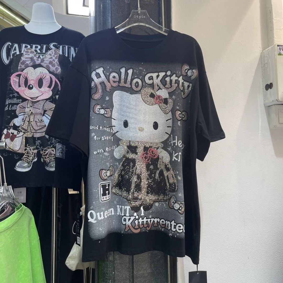 A214 - Hello Kitty Y2K Sparkle Oversized Tee - 320g Heavyweight Premium Cotton - Luxury Rhinestone Bling Streetwear Shirt