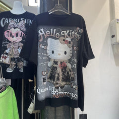 A214 - Hello Kitty Y2K Sparkle Oversized Tee - 320g Heavyweight Premium Cotton - Luxury Rhinestone Bling Streetwear Shirt