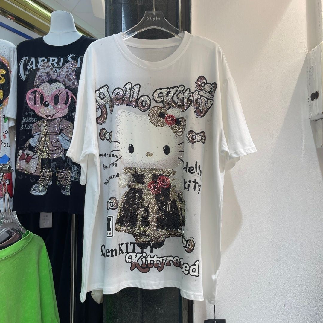 A214 - Hello Kitty Y2K Sparkle Oversized Tee - 320g Heavyweight Premium Cotton - Luxury Rhinestone Bling Streetwear Shirt