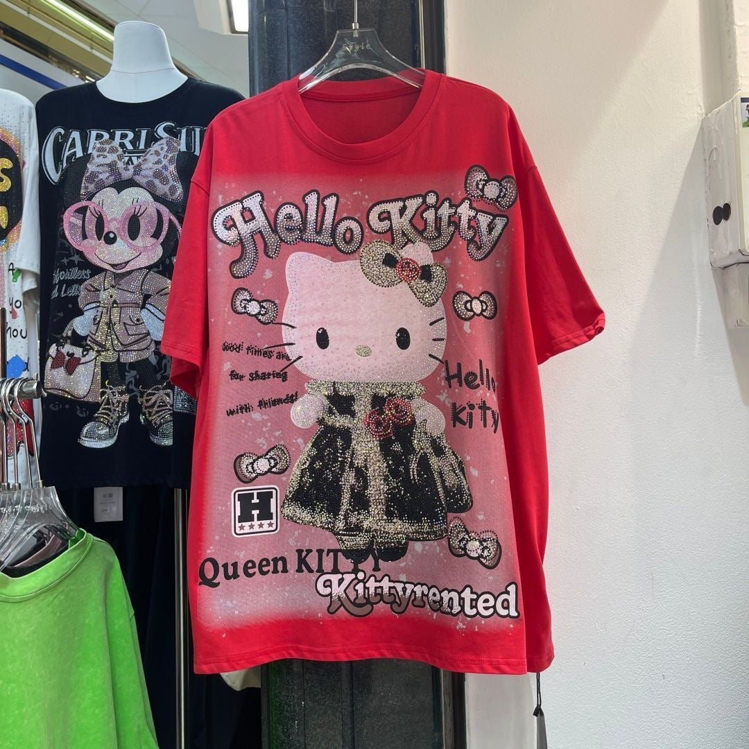 A214 - Hello Kitty Y2K Sparkle Oversized Tee - 320g Heavyweight Premium Cotton - Luxury Rhinestone Bling Streetwear Shirt