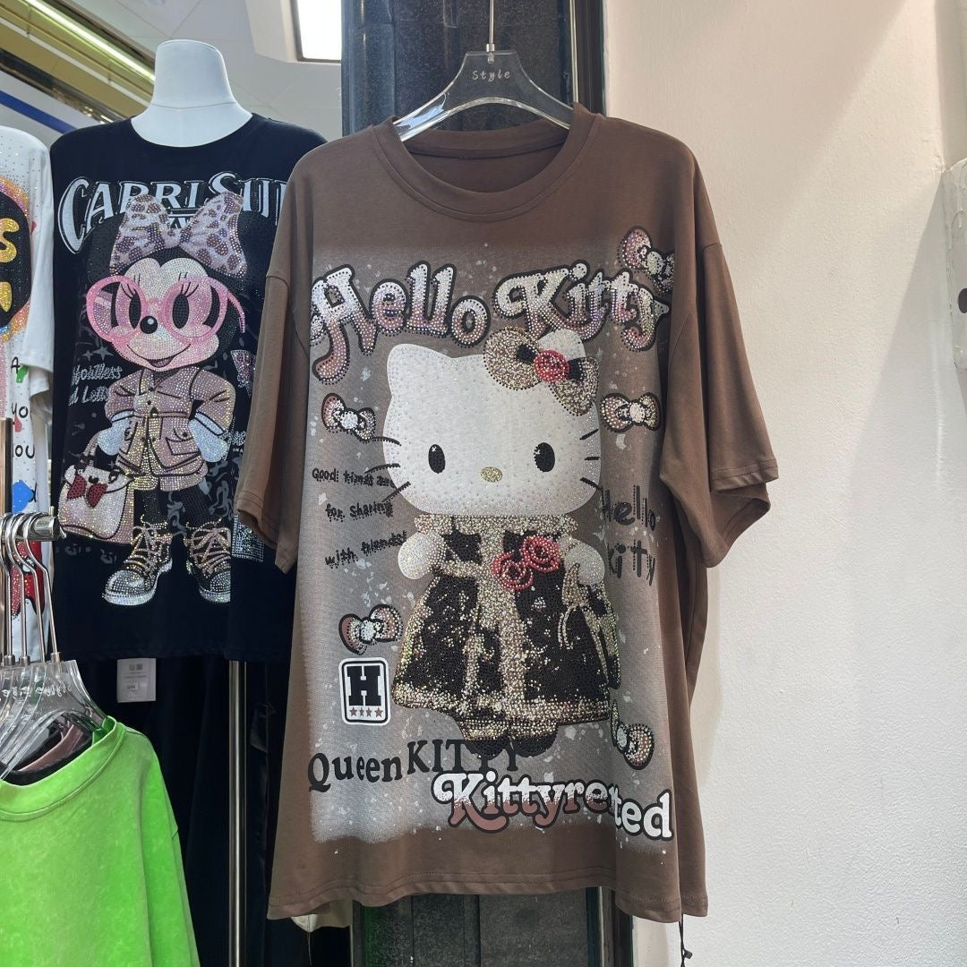 A214 - Hello Kitty Y2K Sparkle Oversized Tee - 320g Heavyweight Premium Cotton - Luxury Rhinestone Bling Streetwear Shirt