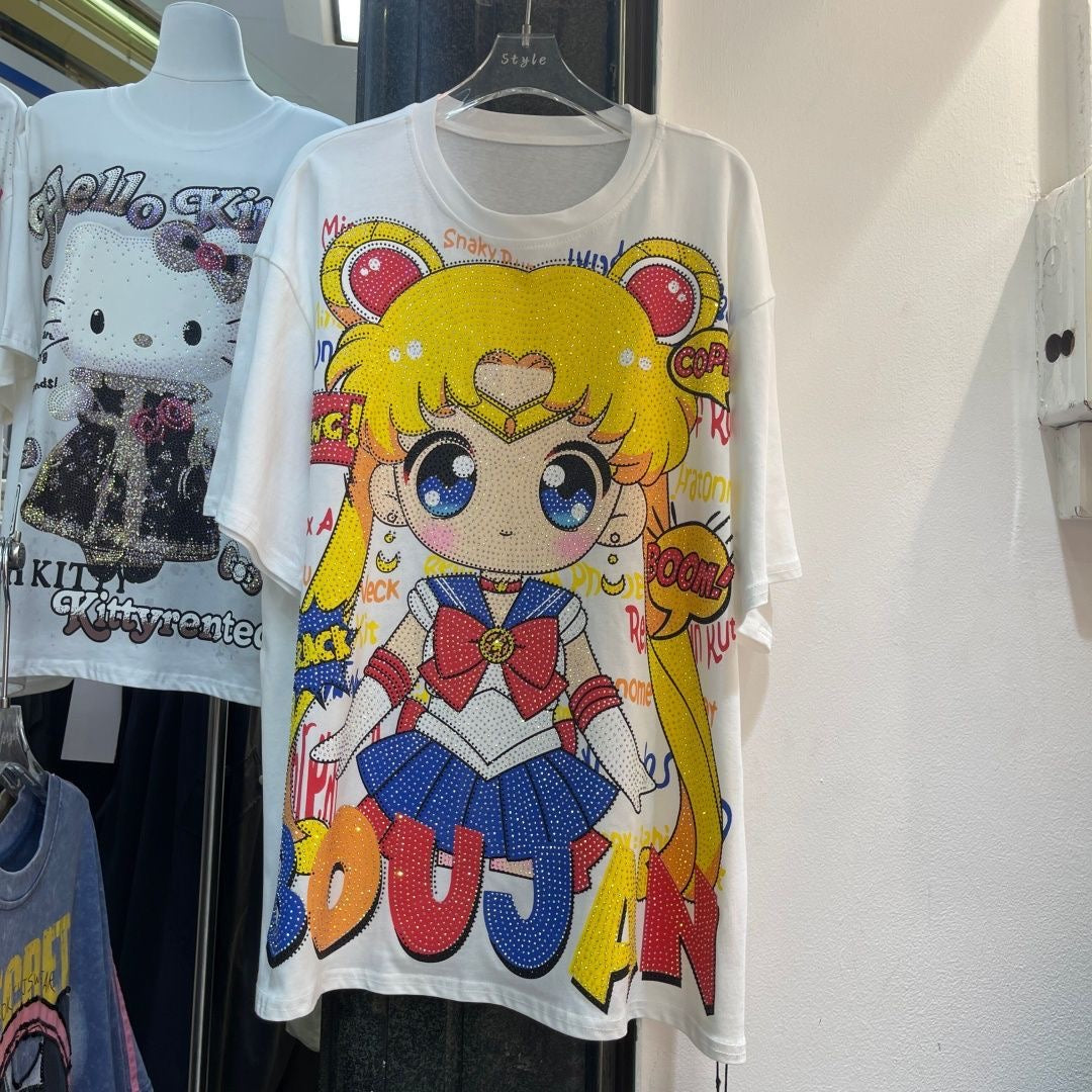 A215 - Sailor Moon Usagi Sparkle Oversized Tee - 320g Heavyweight Premium Cotton - Luxury Rhinestone Bling Anime Streetwear Shirt