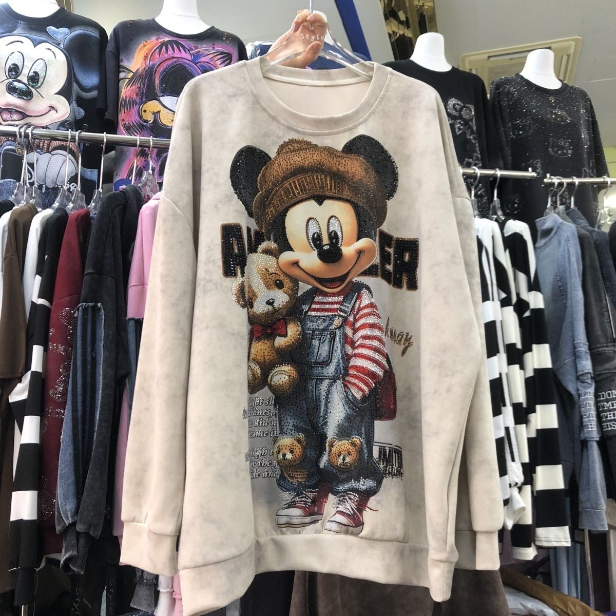 R24 - Vintage Teddy Hug Rhinestone Oversized Sweatshirt – Washed Graphic Pullover