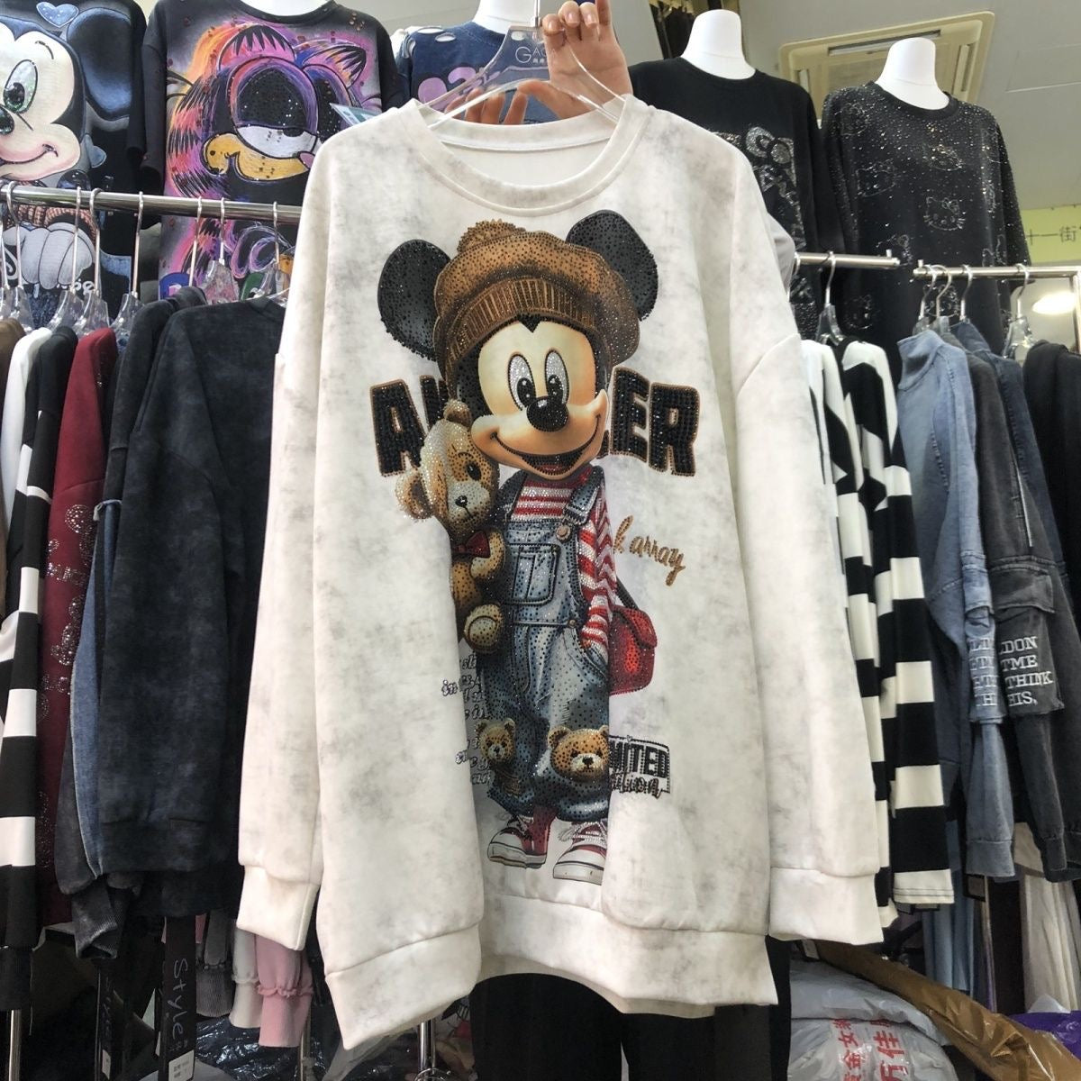 R24 - Vintage Teddy Hug Rhinestone Oversized Sweatshirt – Washed Graphic Pullover
