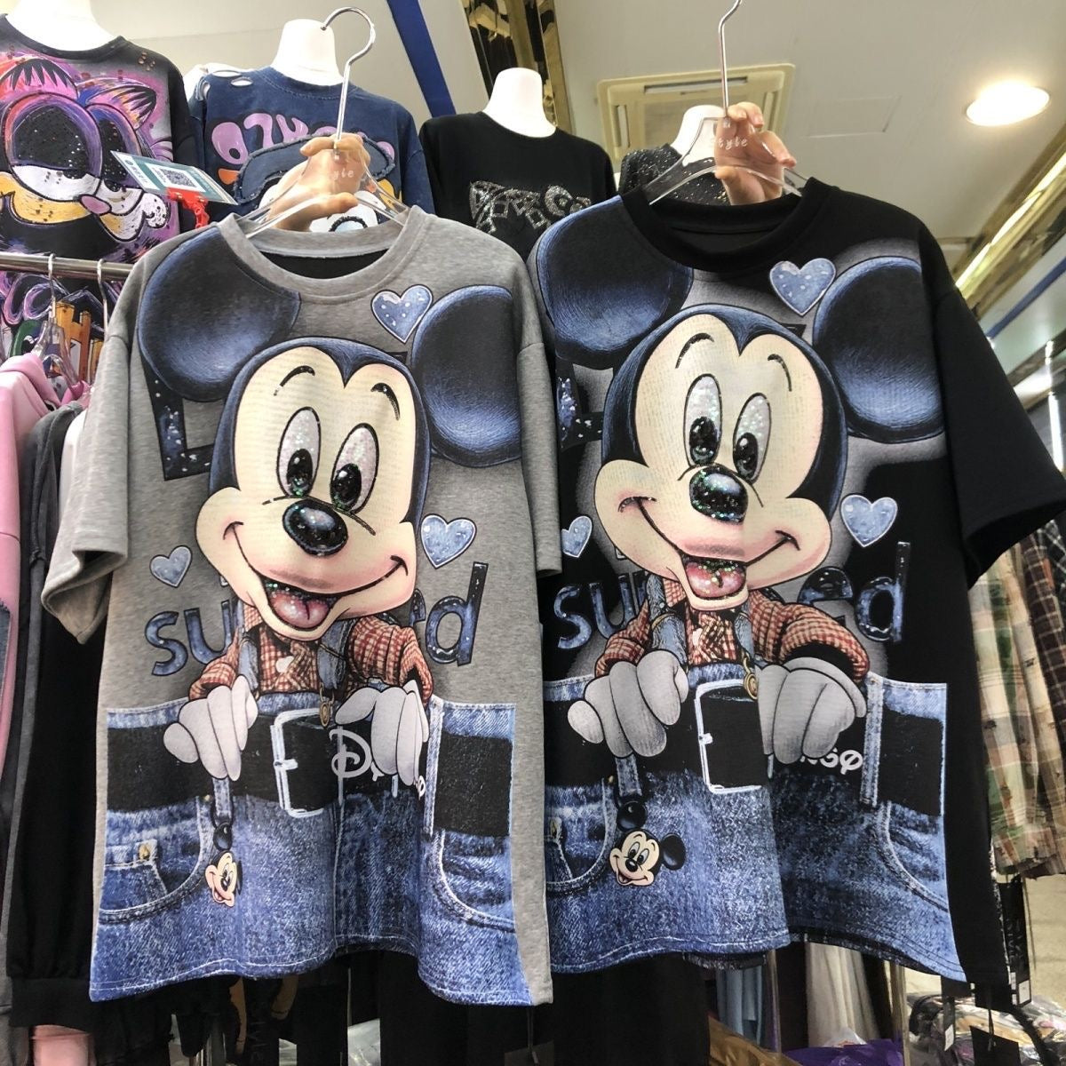 R25 - MICKEY Denim Pocket Sequin Embroidered Oversized Cotton T-Shirt