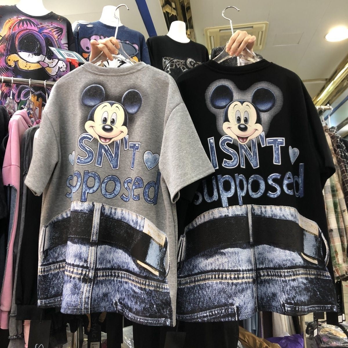 R25 - MICKEY Denim Pocket Sequin Embroidered Oversized Cotton T-Shirt