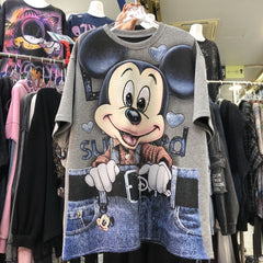 R25 - MICKEY Denim Pocket Sequin Embroidered Oversized Cotton T-Shirt