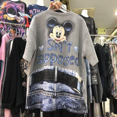 R25 - MICKEY Denim Pocket Sequin Embroidered Oversized Cotton T-Shirt
