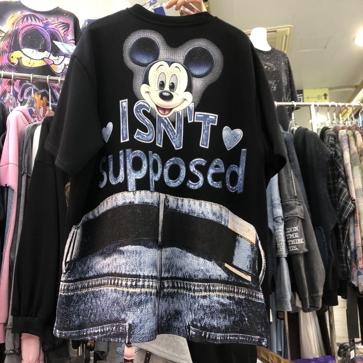 R25 - MICKEY Denim Pocket Sequin Embroidered Oversized Cotton T-Shirt