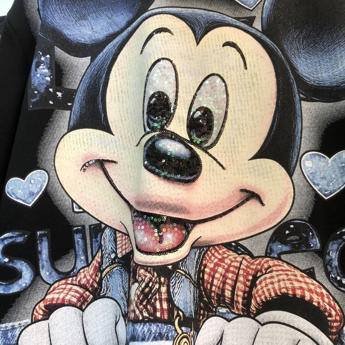 R25 - MICKEY Denim Pocket Sequin Embroidered Oversized Cotton T-Shirt