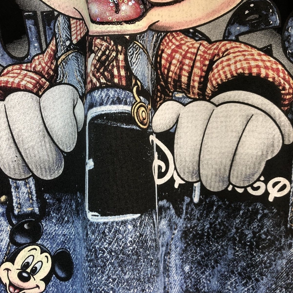 R25 - MICKEY Denim Pocket Sequin Embroidered Oversized Cotton T-Shirt