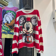 R27 - Vintage Striped Cartoon Sequin Embroidered Long Sleeve T-Shirt – Double-Sided Graphic Oversized Tee