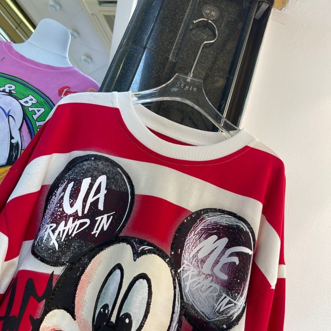 R27 - Vintage Striped Cartoon Sequin Embroidered Long Sleeve T-Shirt – Double-Sided Graphic Oversized Tee