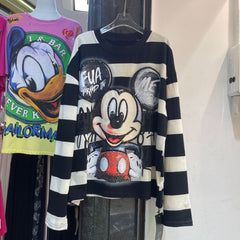 R27 - Vintage Striped Cartoon Sequin Embroidered Long Sleeve T-Shirt – Double-Sided Graphic Oversized Tee