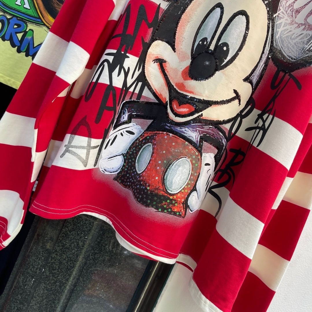 R27 - Vintage Striped Cartoon Sequin Embroidered Long Sleeve T-Shirt – Double-Sided Graphic Oversized Tee