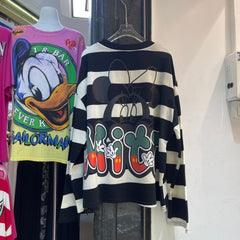 R27 - Vintage Striped Cartoon Sequin Embroidered Long Sleeve T-Shirt – Double-Sided Graphic Oversized Tee