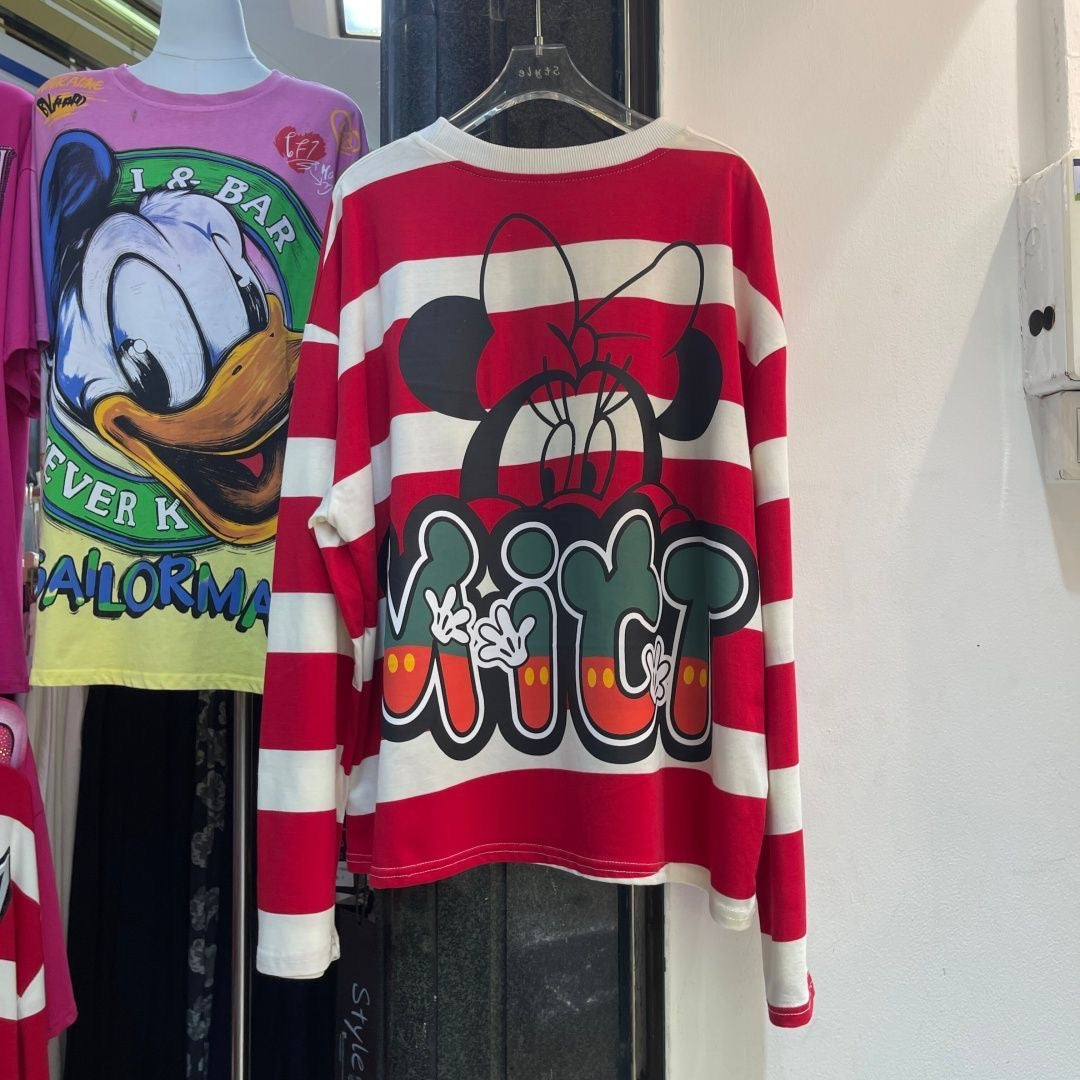 R27 - Vintage Striped Cartoon Sequin Embroidered Long Sleeve T-Shirt – Double-Sided Graphic Oversized Tee