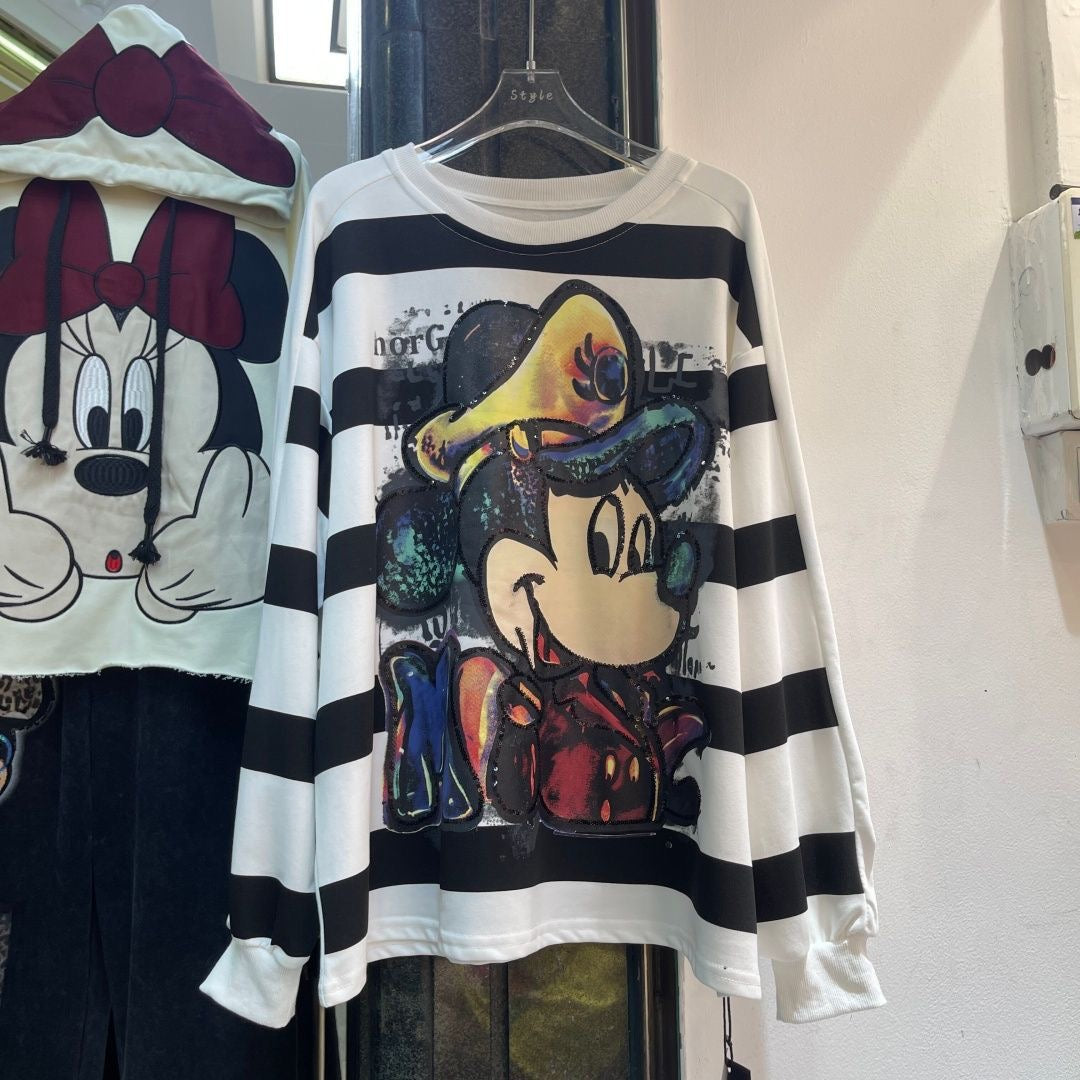 R26 - Mickey Double-Sided Sequin Embroidered Striped Sweatshirt