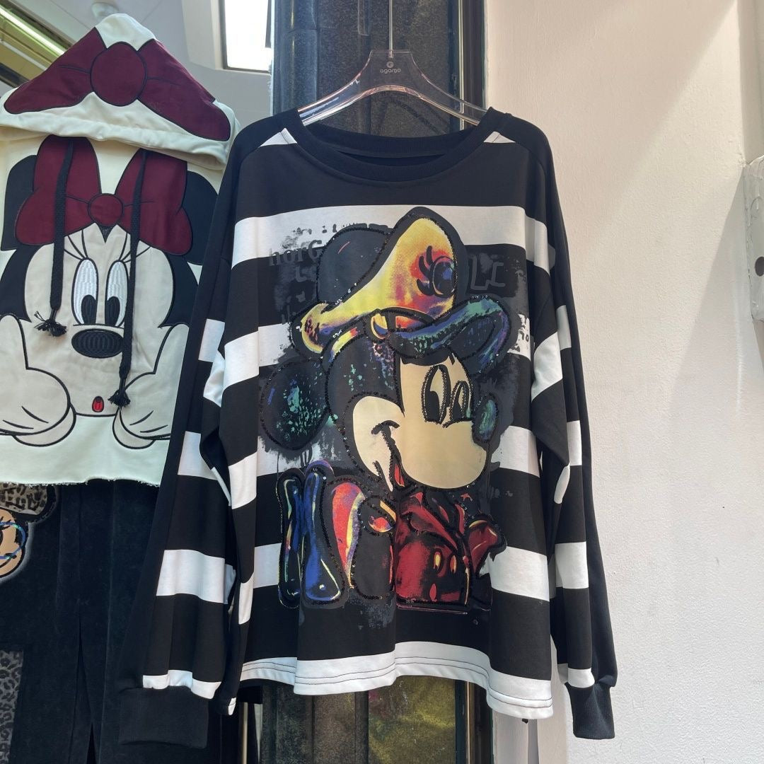 R26 - Mickey Double-Sided Sequin Embroidered Striped Sweatshirt