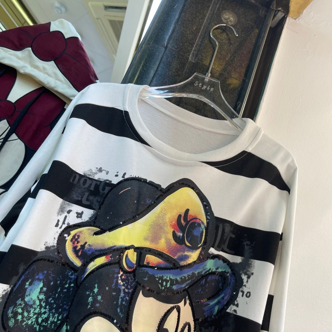 R26 - Mickey Double-Sided Sequin Embroidered Striped Sweatshirt