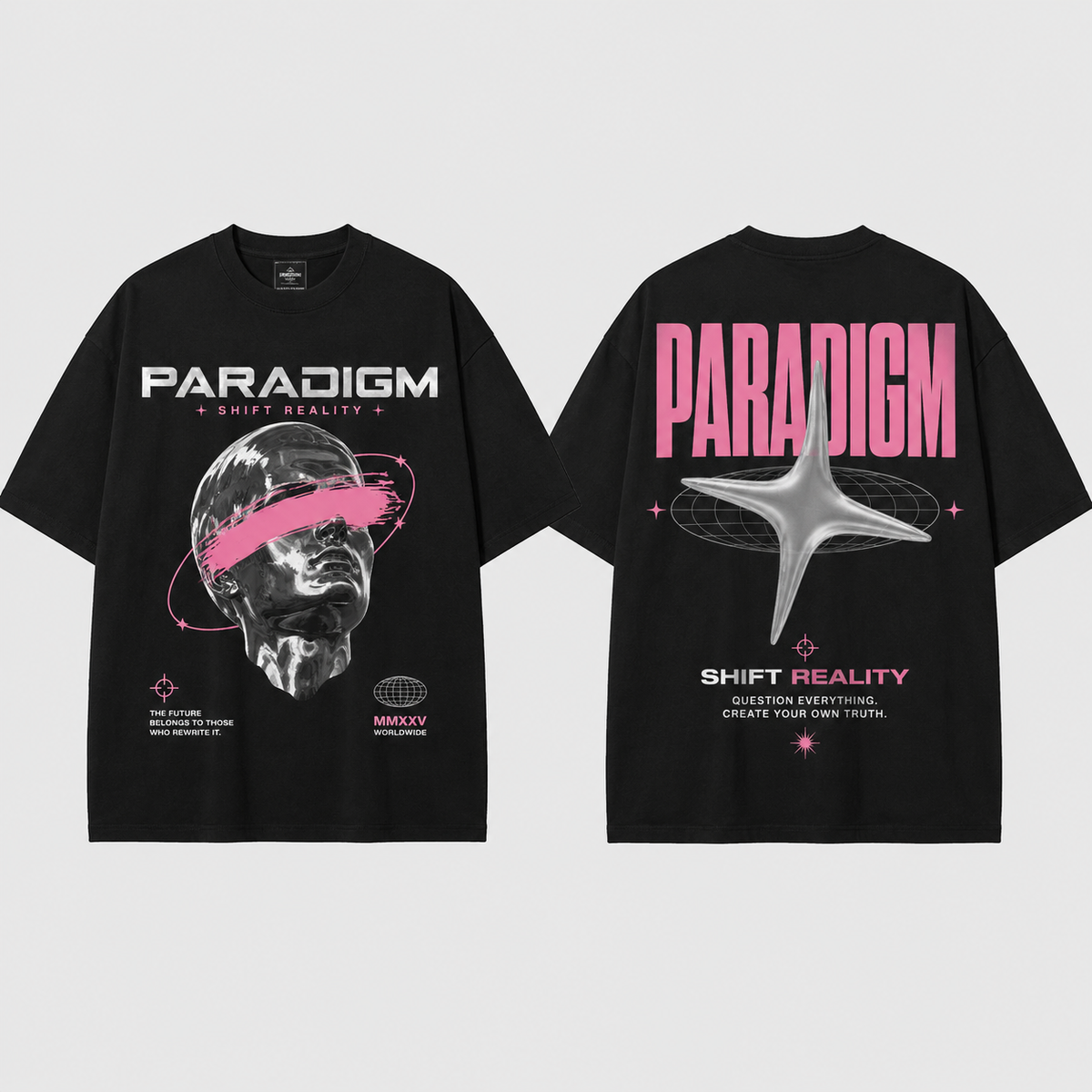 Paradigm Graphic Oversized T-Shirt Women & Men’s 100% Cotton Tee, Futuristic Space Print Double-Sided Streetwear Shirt