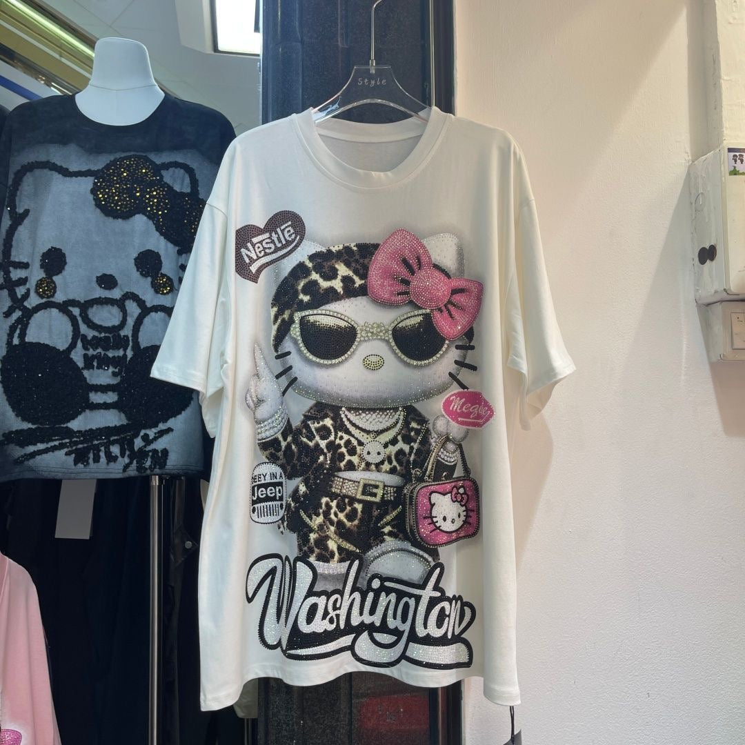A206 - Heavyweight Oversized 320g Cotton T-Shirt - Luxury Hello Kitty Oversized Rhinestone Graphic Tee
