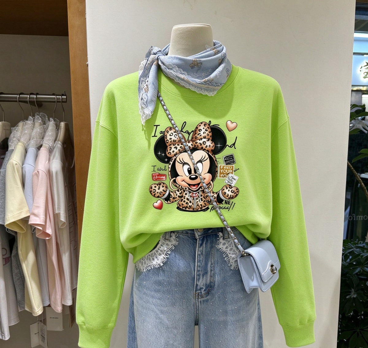 Leopard Bow Minnie Graphic Sweatshirt | Cute Oversized Crewneck Pullover