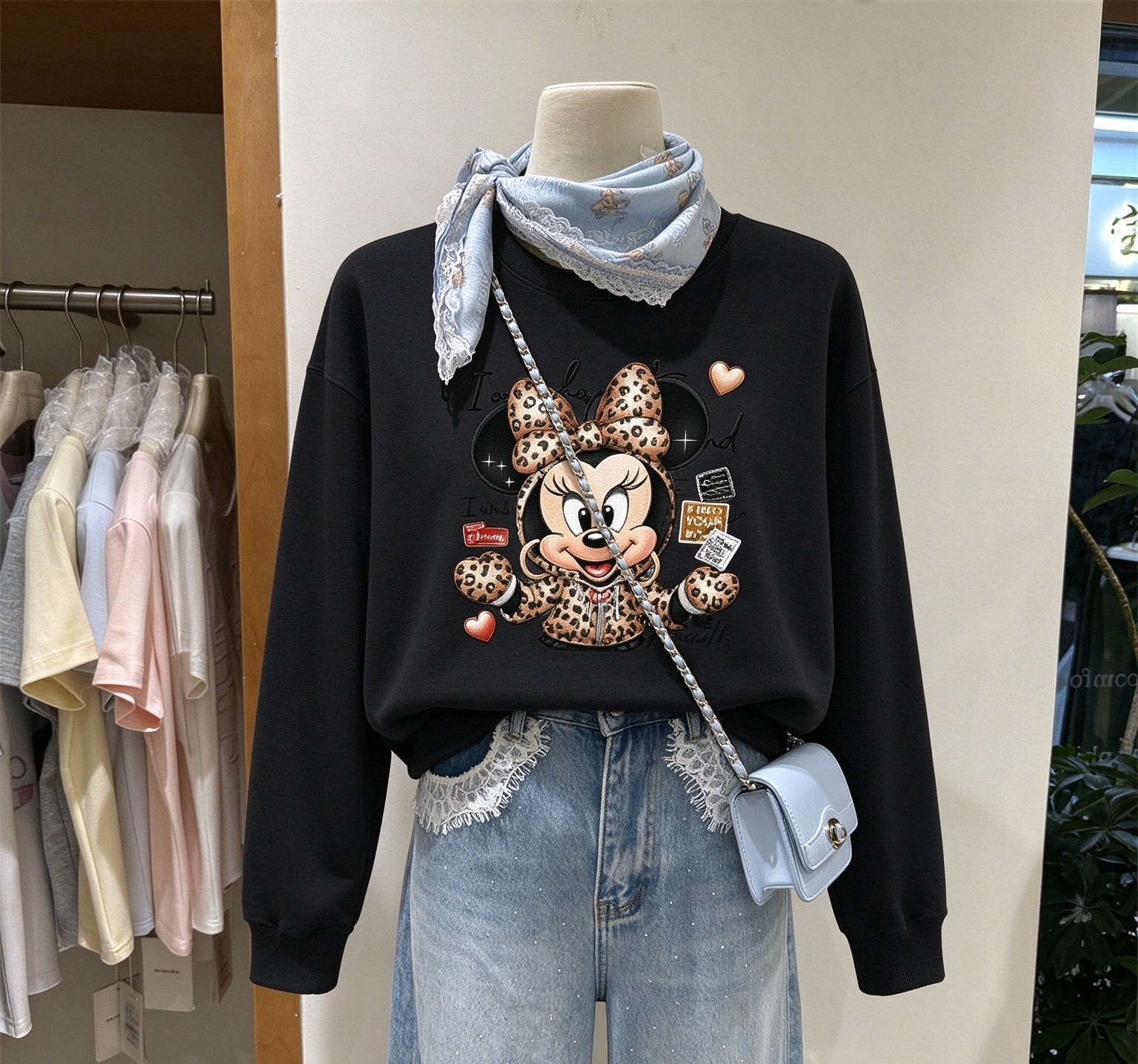 Leopard Bow Minnie Graphic Sweatshirt | Cute Oversized Crewneck Pullover