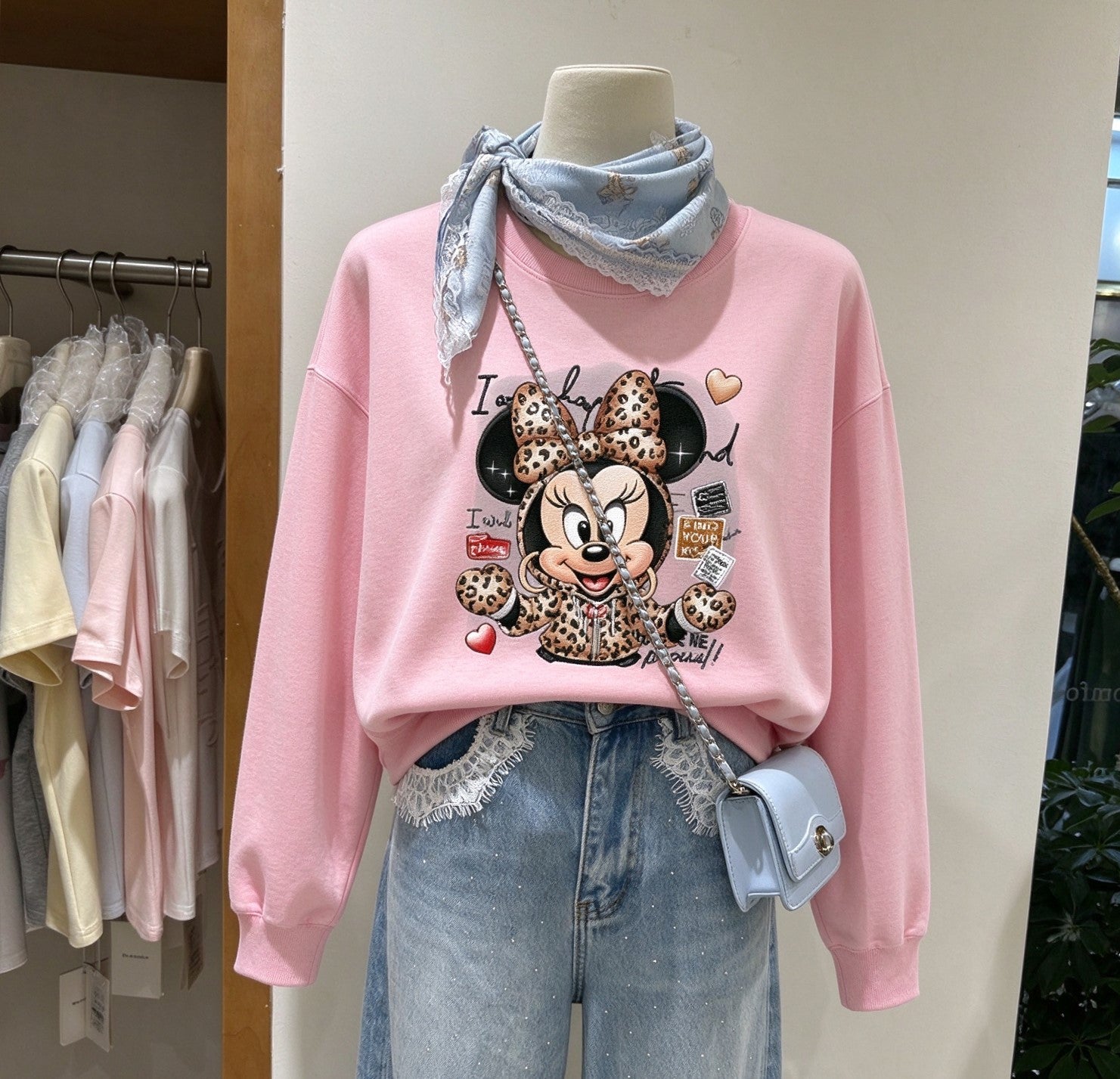Leopard Bow Minnie Graphic Sweatshirt | Cute Oversized Crewneck Pullover