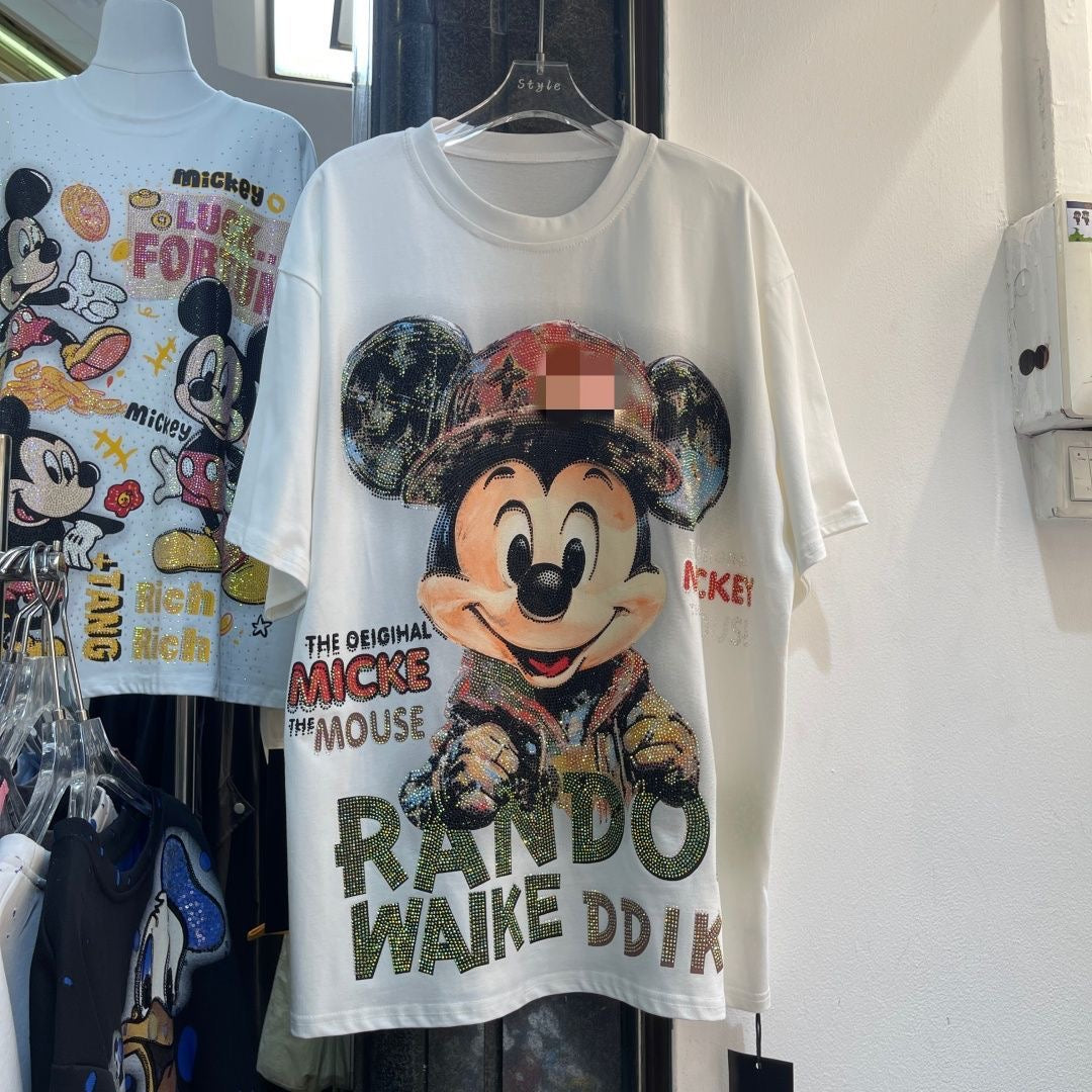 A205 - Mickey "Bling" Heavyweight Graphic Tee - 320g Premium Cotton - Luxury Rhinestone Streetwear Boxy T-Shirt